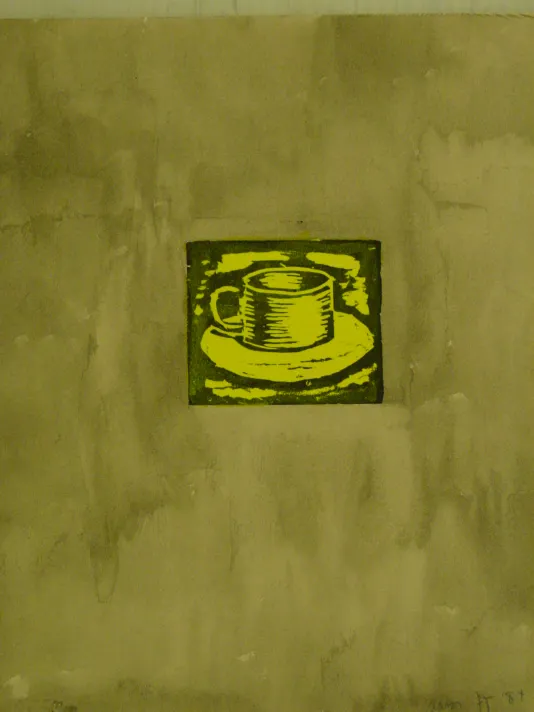 A small print of a coffee cup on a plate in bright yellow and defined with thick black lines within a large olive border.