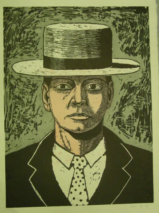 A portrait of an expressionless man wearing a black suit jacket, a white shirt, a polka dot tie and a boater hat.