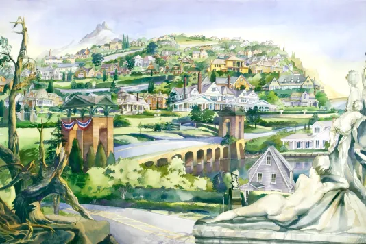 An illustrated landscape with a bridge leading to a town with many houses built along a hillside in the background.