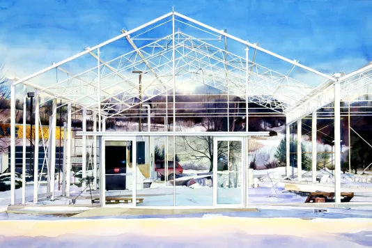 An illustrated building form with white beams showing the surrounding environment through its transparent walls and roof.