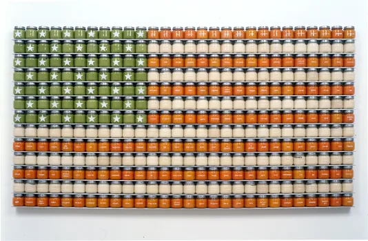 An American flag shaped sculpture made out of colorful jars of baby food arranged by color to form the stars and stripes.