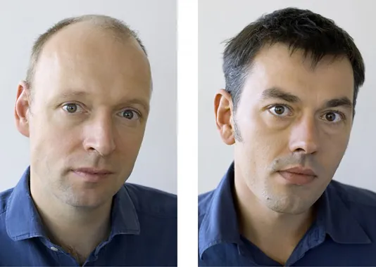 A pair of portrait photos; the artist on the left mimics the pose, facial expression, clothing of the man on the right.