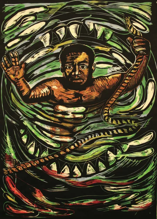 A print of a helpless black man in the water with arms raised being surrounded by the large teeth of a shark's open jaws.