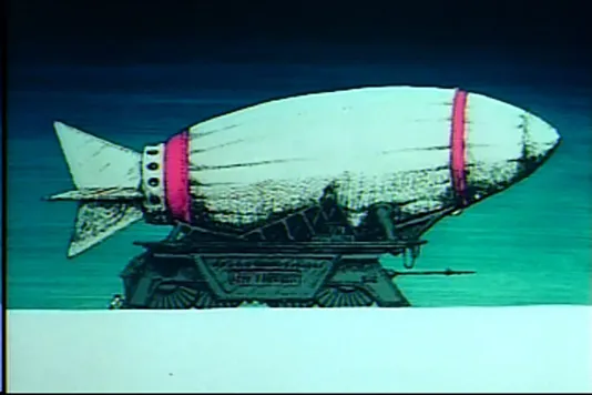 An animated image of a white missle or blimp with pink stripes attached to a machine that looks like a tank 