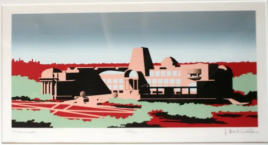 A print of a pink building sitting in a red and green landscape. A gradient blue sky sits on the horizon.