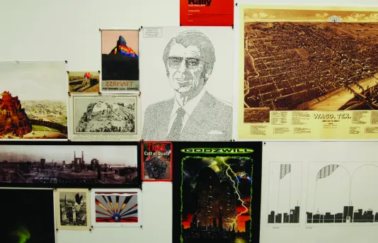 Close up of a collage with color photos, postcards, a black and white drawing of a man, a picture with the words WACO, TEX