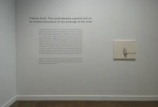 View of the wall text at the entrance of the exhibition. The title reads "Frances Stark: This could become a gimick [sic] or an honest articulation of the workings of the mind