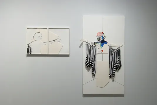 Cutout collages of two female figures with striped fabric hanging off their arms.
