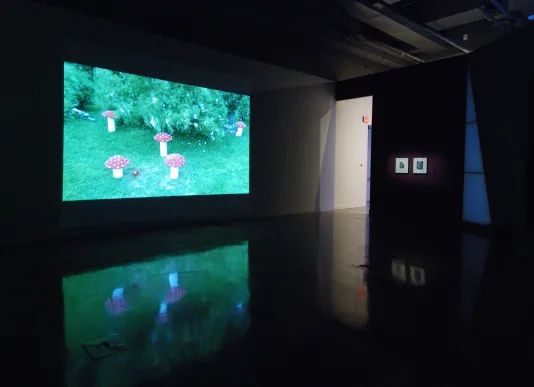 A dark room with a large video projection showing red and white mushrooms and green grass. 2 lit photos hang on a wall.