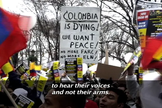 A crowd of protestors wave flags and hold signs in the air. Text is superimposed near the bottom of the image.