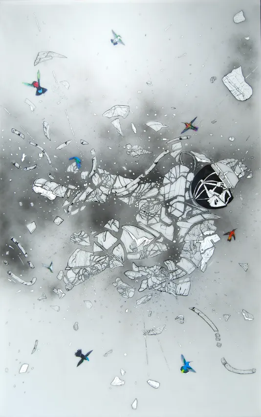 Blue and red Caribbean humming birds fly amidst the black and white fragments of an exploded astronaut.