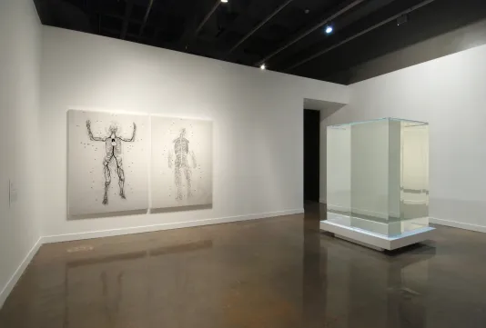 Large rectangular Plexiglas tank filled with 900 gallons of mineral oil, next to wall with 2 drawings of human skeletal diagrams