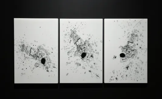 On a black wall, triptych, black and white drawings of an astronaut exploding in 3 different upside-down positions