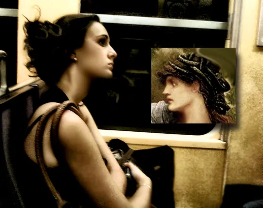 An atmospheric image of a young woman in profile, sitting on a train, facing an inset painting of a woman who she resembles.