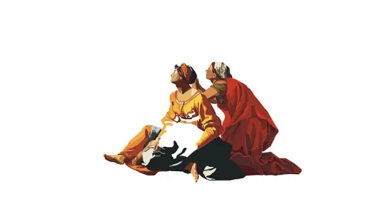 Two women sit on the ground, one in a yellow dress and the other draped in red, both look off into the distance