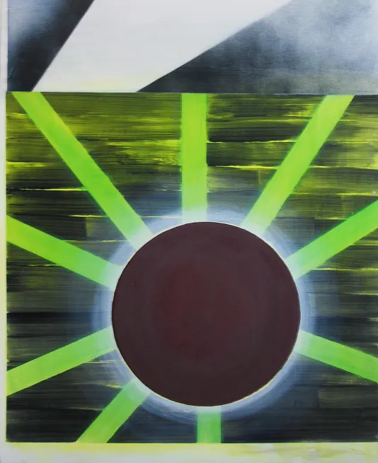 Lime green and brown dominate this painting, with lime green spokes radiating from a brown orb and background brush strokes.