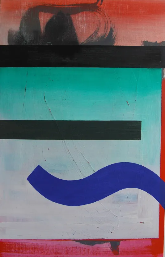 A turquoise rectangle on a faded red backdrop bisected by 2 thick straight black line and a thick curving royal blue line.  