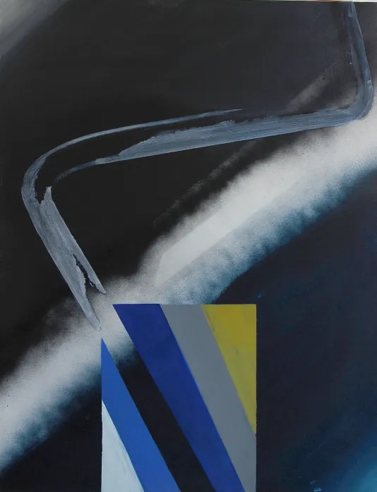 A rectangle of diagonal stripes in white, blue, gray and yellow intersect with a smoke-like line on a dark background.