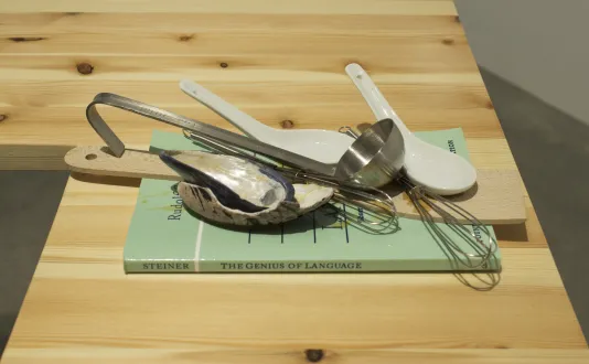 Two soup spoons, two whisks, and a mussel shell rest on top of a copy of Steiner's "The Genius of Language"