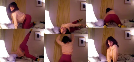 6 frames show a young woman wearing a peach top and pink pants in suggestive and awkward poses on a bed.