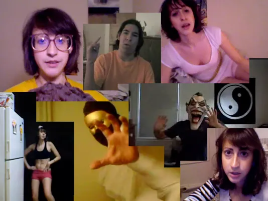 Montage of screens showing young male and female personae, 2 in face masks, speaking and playing to the camera.