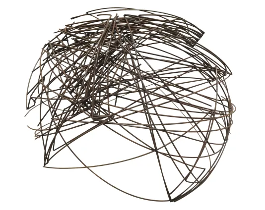 Large, spherical, brown-bronze-color metal-wire sculpture against a white background.