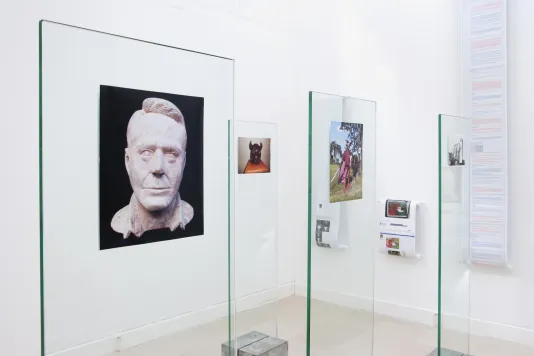 In the foreground, photographs mounted on glass panels, on the back wall, photos and text on rolls hang vertically.