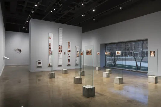 Color photographs mounted on glass panels with concrete bases fill the gallery floor, photo prints on rolls on the back wall. 
