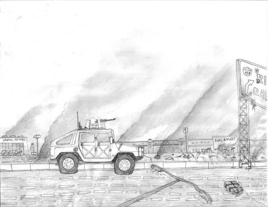 Detail view of a graphite drawing. Smoke is rising on a street with a military style vehicle, a fallen street light, a package.