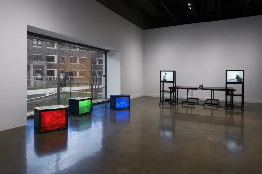 Three video monitors, displaying red, green, or blue, sit by a large window, 2 monitors stand in front of a ping pong table.
