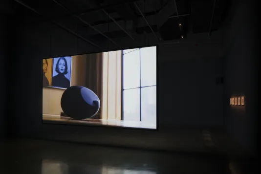 Large video screen in a dark room shows a still of a black sculpture; 5 brightly lit small artworks hang on a distant wall.