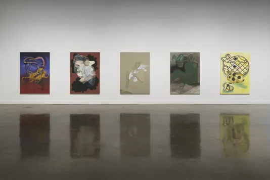 Five paintings by Allison Katz are shown on a gallery wall in a row.