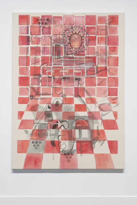 A painting by Allison Katz includes a red checkerboard, the exterior of a house, and a dining table.