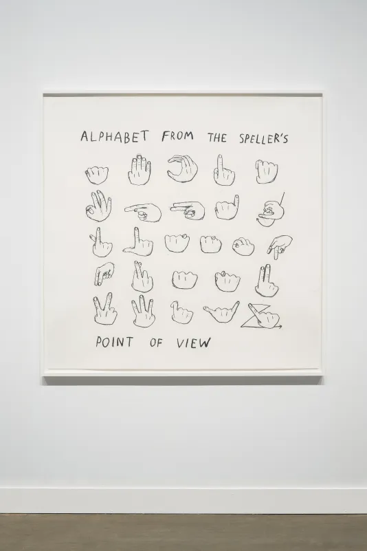 Framed black and white drawing of hands making the signs for “ALPHABET FROM THE SPELLER’S POINT OF VIEW” on a white wall.