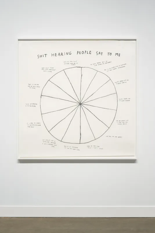 Framed black and white pie-chart drawing “SHIT PEOPLE SAY TO ME” hangs on a white gallery wall.