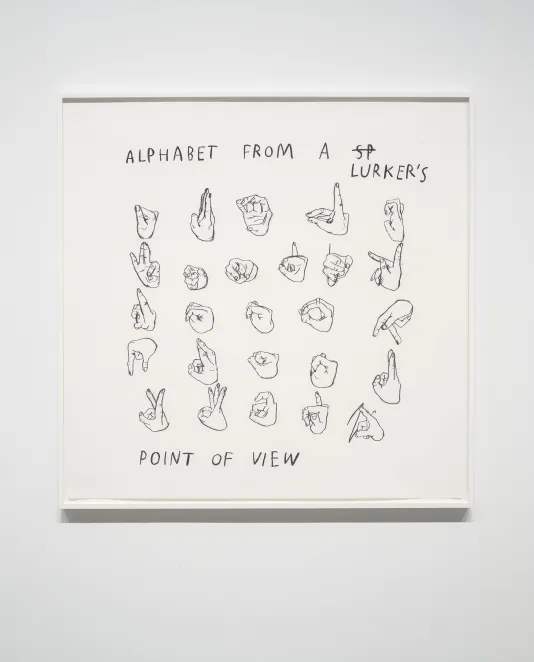 Framed black and white drawing of hands forming the signs for “ALPHABET FROM A LURKER’S POINT OF VIEW” on a white wall