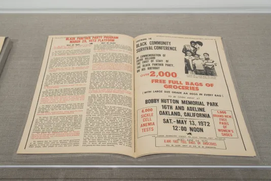 View of an original Black Panther pamphlet featuring black and red text on yellowed pages.
