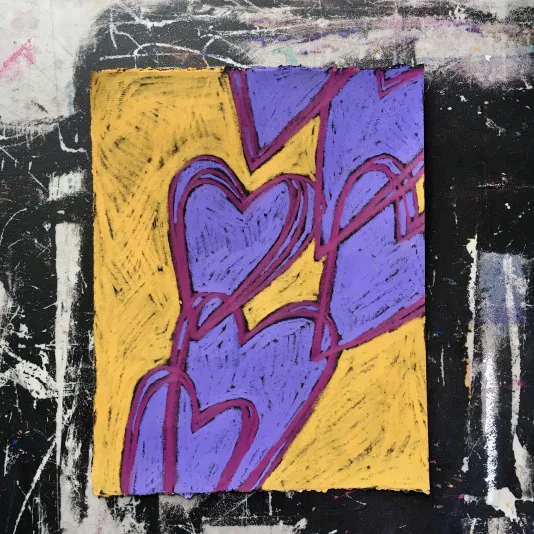 A drawing with purple hearts with a yellow outline and a black and white border.