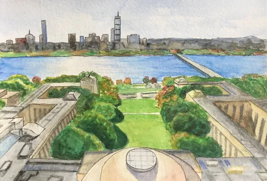 A watercolor painting of MIT's campus.