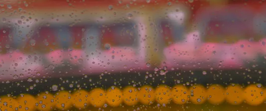 Droplets of sudsy water pool and scatter on top of a colorful gradient of orange, pink, red green, and blue.