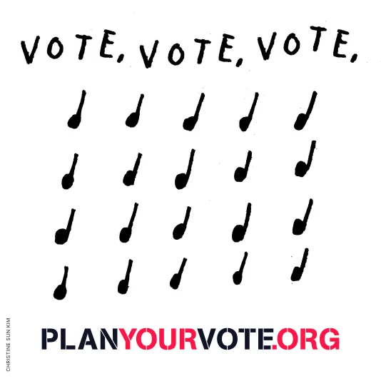 Music notes graphic featuring text that reads &quot;PlanYourVote.org&quot;