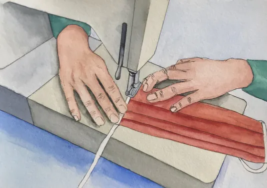A painting of hands engaged in sewing a red garment.