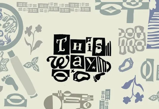 A beige graphic with paper cut outs reads &quot;This Way.&quot;