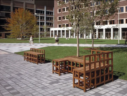 Wooden benches on a concrete lower courtyard surrounded buy trees and grass.