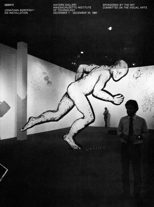 Book cover for Jonathan Borofsky: Installation featuring a photograph of a gallery space with a man in tie in the foreground. In the center, is a large outlined figure in motion and in the background there are sketches on the white walls.
