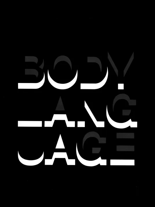 Black book cover for Body Language: Figurative Aspects in Recent Art  featuring the title written in three dimensional letters with a white drop shadow.