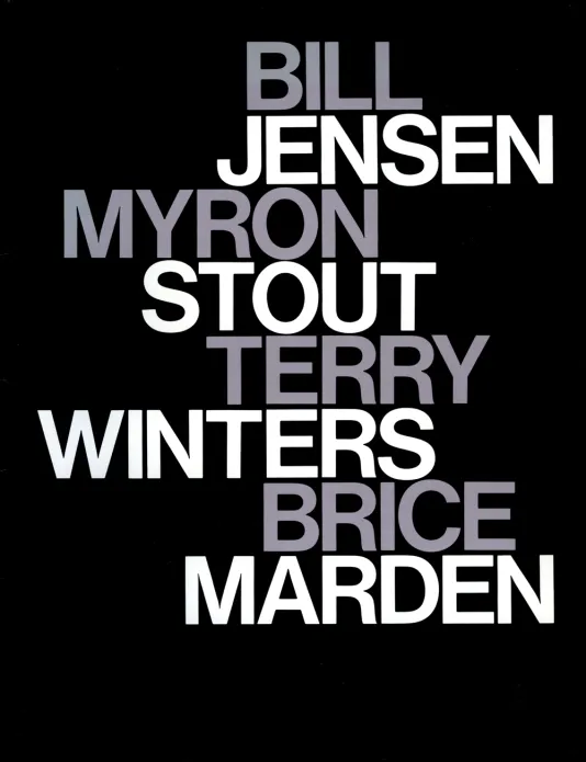 Black book cover for Affinities: Myron Stout, Bill Jensen, Brice Marden, Terry Winters featuring the artists names written in grey and white.