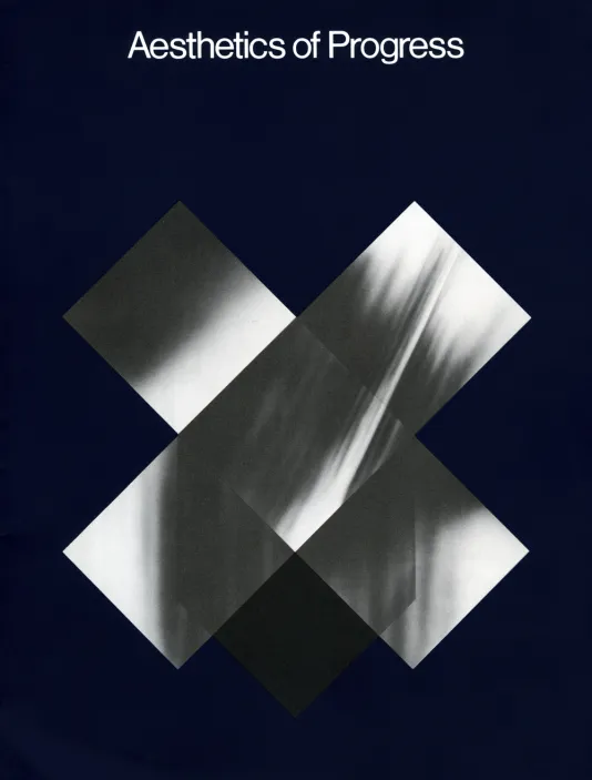 Book cover for Aesthetics of Progress: Forms of the Future in American Design 1930s-1980s features a grayscale color field inscribed in a cross.