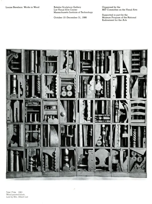 Book cover for Louise Nevelson: Works in Wood features an image of Nevelson's painted wood sculpture.