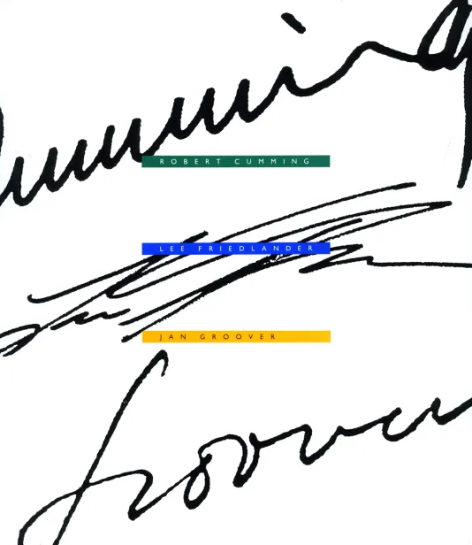 Book cover for Three on Technology: New Photographs by Robert Cumming, Lee Friedlander &amp; Jan Groover features a handwritten signature.